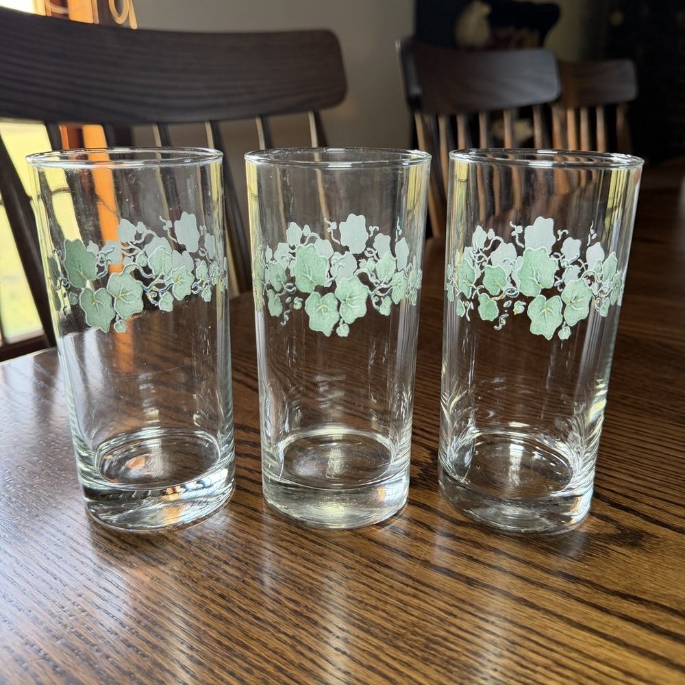 Vintage Corelle CALLAWAY Green Ivy 16oz Tumblers Drinking Glasses Corning (3)